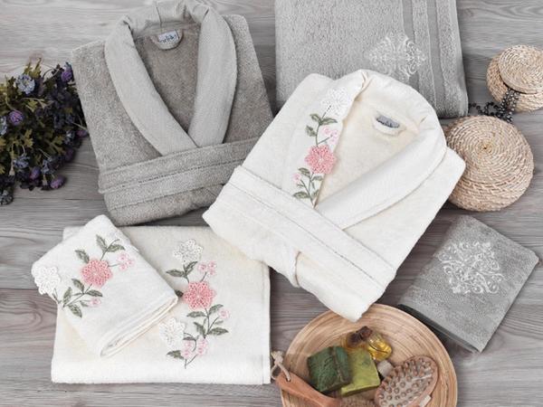 Arliva Bambu 3D Nakışlı Aile Bornoz Seti Gri Krem