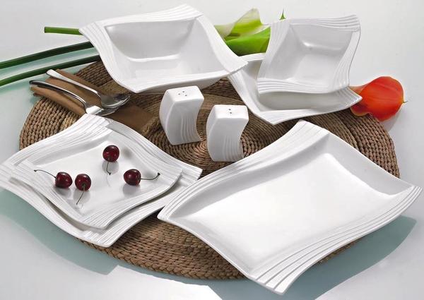 Almina 52 Parça Porselen Yemek Takımı Dalgalı Kenar S-Form | Beyaz | 12 Kişilik