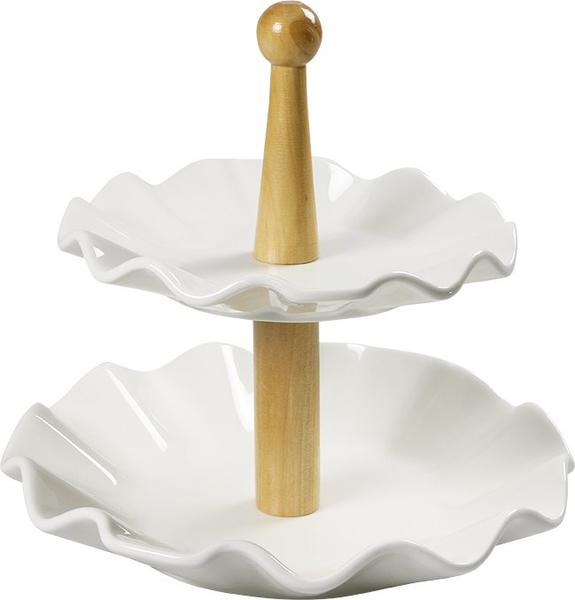 Almina 2 Katlı Porselen Ahşap Kulplu Etajer Servis Tabağı | Beyaz