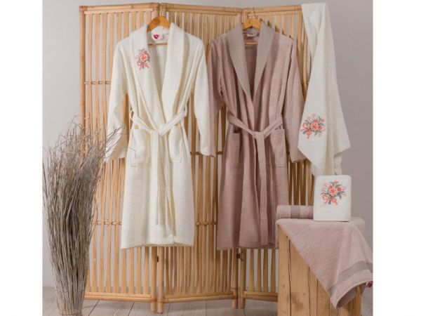 Cotton Box Nakışlı 3d Bamboo Aile Bornoz Seti Lenora Ekru Cappucino