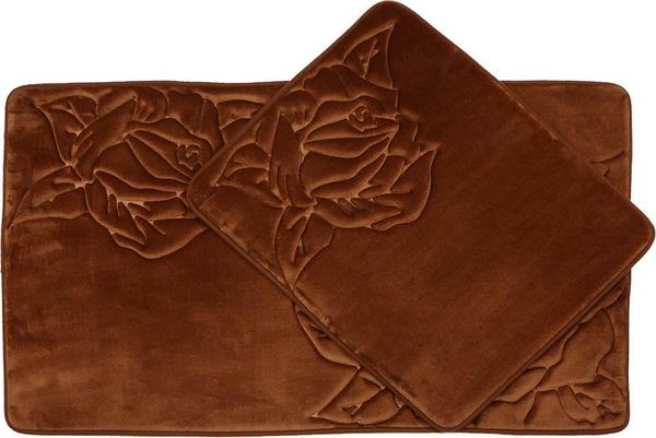 Almina Premium Gül Desenli Banyo Paspas Seti 2 Parça Maxi | Kahverengi