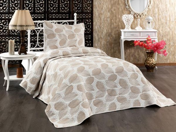 Dowery Leaf Single Bedspread Set Cream Brown