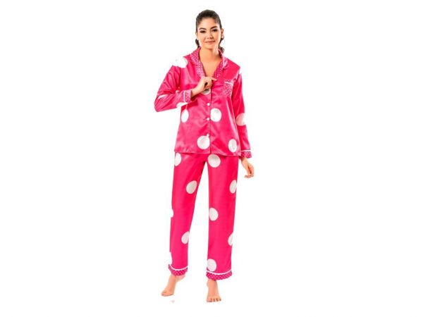 Dot Patterned Satin Pajamas Set 5620 Pomegranate Flower