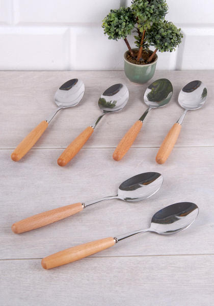 6 cuillères à dîner en acier avec manche en bambou