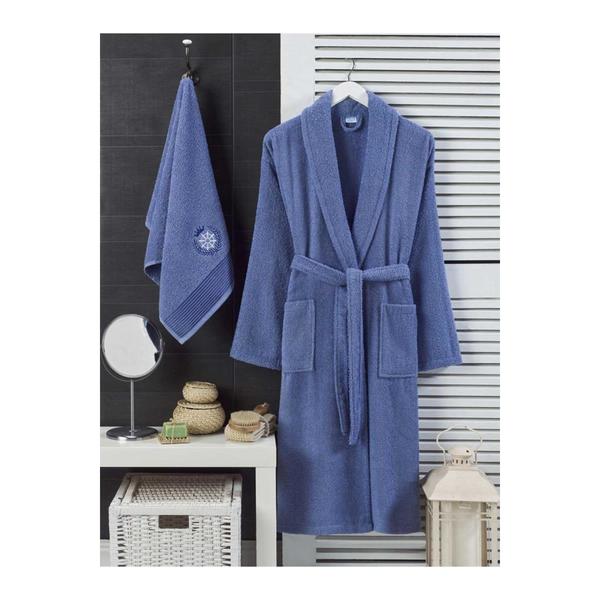 Forev 100% Cotton 2-Piece Bathrobe Set Navy Blue SM