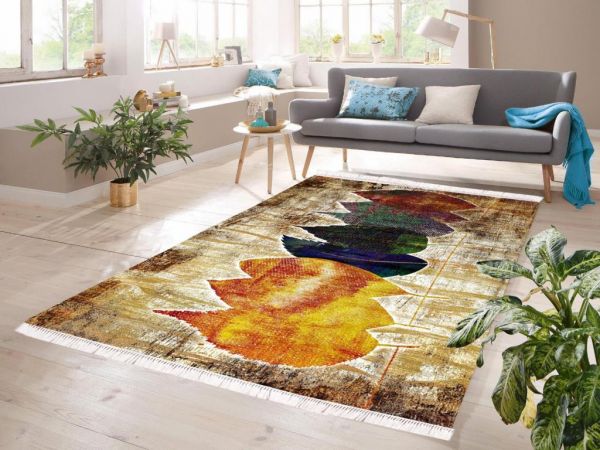 Dijital Baskı Kaymaz Taban Kadife Halı Leaf Renkli 100x200 Cm