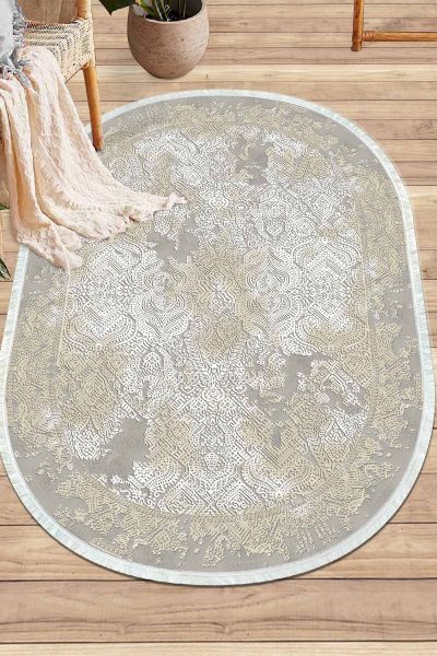 Birkilim Oval Yıkanabilir İpeksi Kaymaz Taban Dekoratif Halı | MLN-IP-O-HY-1076