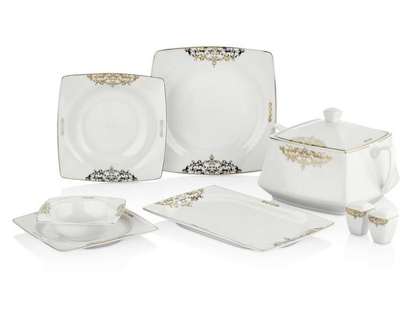 Tac Ekru Nasus | 60 Teilig | Tafelservice | Teller-Set | Esservice | Tafel-Set | Porzellan | Weiß & Gold | Karo | 12 Personen | Hochzeit | Verlobung | Geburtstag | Feier | Tac-2095