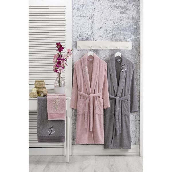 Forev %100 Pamuk Aile Bornoz Seti Pembe-Gri L-XL