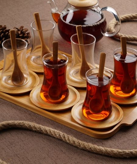 Bambu Tabakli 6 Li Cam Çay Bardaği&bambu Tepsi+Kşk