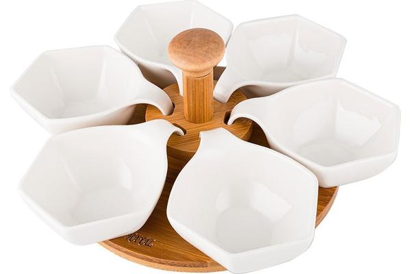 Hayal | Kahvaltı Kasesi Seti | 7 Parça | Dönen Stand | Fine Porselen | Bambu | By-alz-p180364