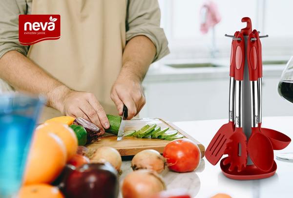 Neva Sweet 7 Parça Mutfak Servis Aletleri Seti Paslanmaz Çelik | Kırmızı | N2356