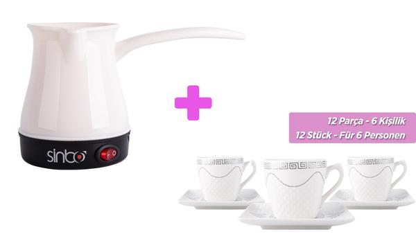 Sinbo Beyaz Elektrikli Türk Kahve Makinesi & Dekonaz 6'lı Türk Kahve Seti