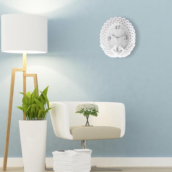 Almina Çiçek ve Kuğu Desenli Oval Saat - Beyaz