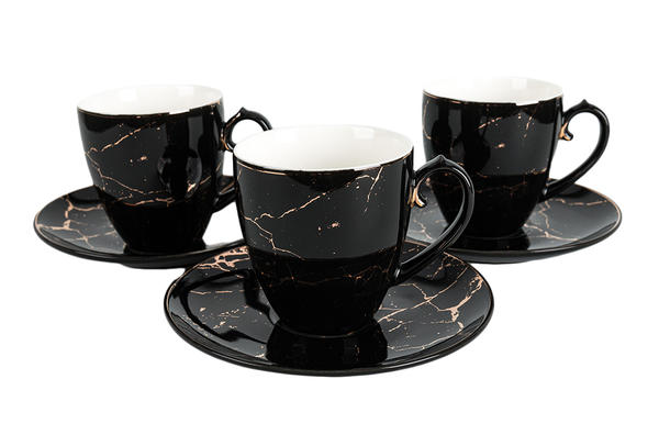 Hayal | Kahve Fincan Seti | 6 Kişilik | 12 Parça | Mermer Desenli | Siyah Altın
