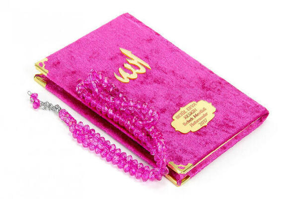 Livre Yasin recouvert de velours - Taille du sac - Assiette spéciale nom - Chapelet - Boîte - Couleur Fuchsia - Mevlid