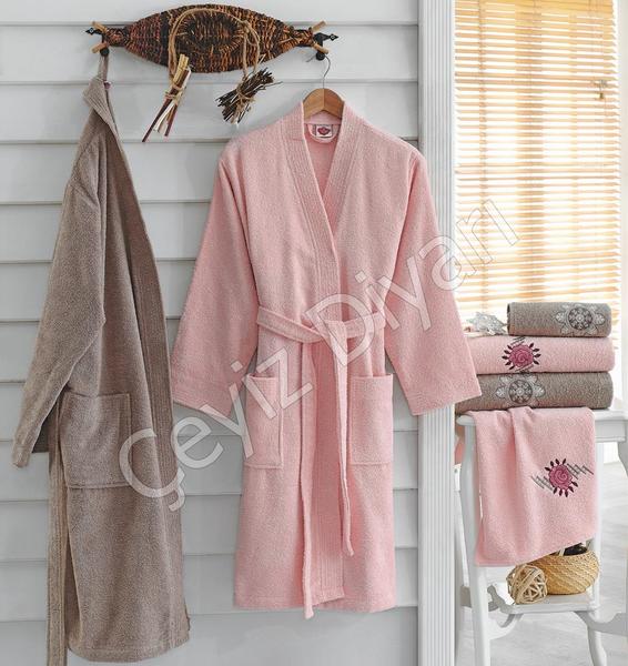 Cotton Box Aile Bornoz Setı Nakıslı Pudra-Bej | Cotton Box