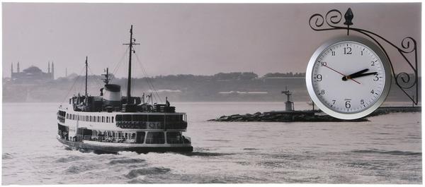 Saatli Duvar Tablosu İstanbul Siyah Beyaz 87cm