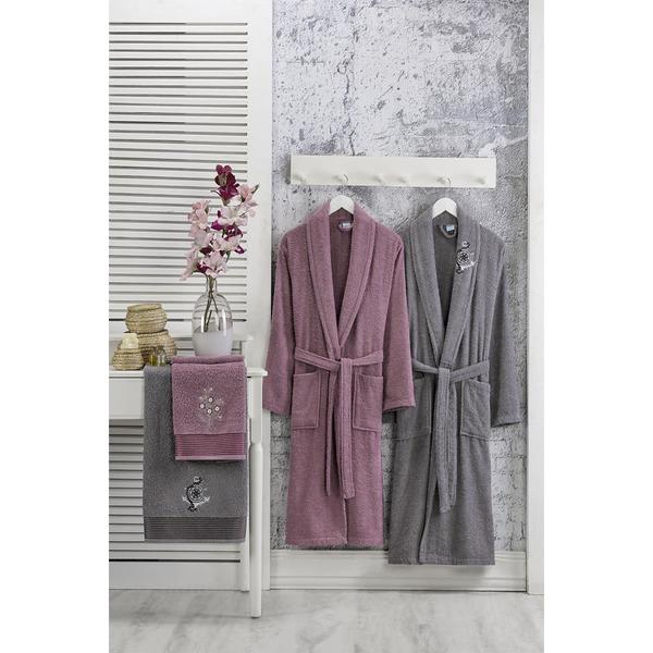 Forev %100 Pamuk Aile Bornoz Seti Antrasit-Mürdüm S-M