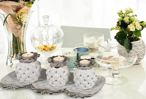 Almina | 3-er | Deko-Kerzenhalter | Kerzenständer | Ananas-Design | Porzellan | Weiß | AL-9799