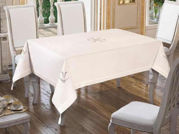 Tulip Embroidered Table Cloth Cream Cream 160x260cm