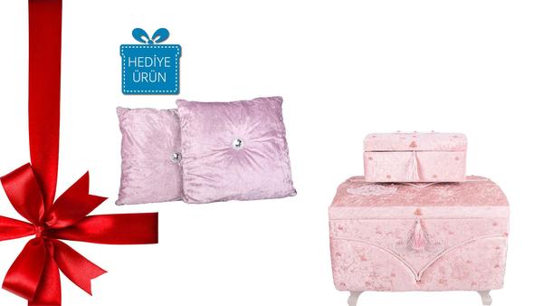 Dekonaz 2'li Dantel İnci Süslemeli Çeyiz Sandığı & Dekonaz 2 Adet Dekoratif Yastık Hediyeli