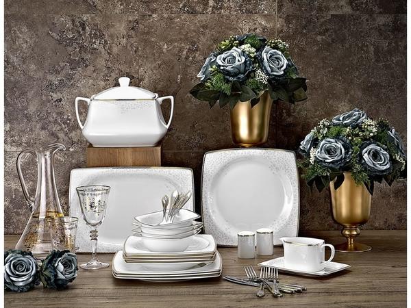 Tac Mühr-ü Sedef | Meftun | 85 Teilig | Tafelservice | Teller-Set | Esservice | Tafel-Set | Bone Porzellan | Weiß | Karo | 12 Personen | Hochzeit | Verlobung | Geburtstag | Feier | Tac-2053