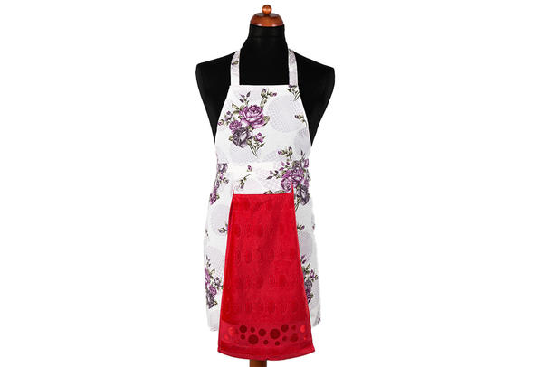 Dekonaz Çiçek Desenli Mutfak Önlüğü | Kırmzı Havlu ve El Bezi Hediyeli | 73cm x 59cm