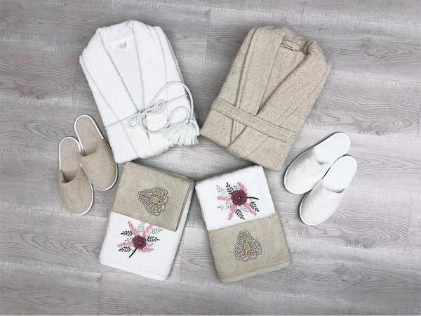 Garden Nakışlı Aile Bornoz Seti Bej Krem