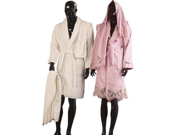 Fransız Güpürlü Pamuk Aile Bornoz Takımı Elit 6 Parça Pudra Krem