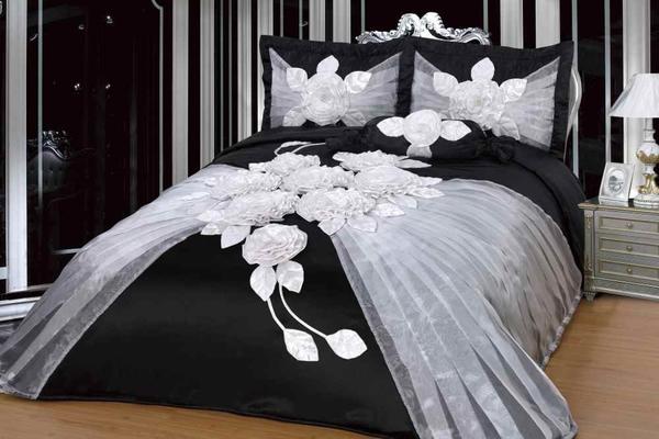 Saten Yatak Örtüsü Seti Hülya Siyah Çift kişilik
