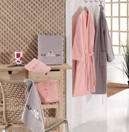 Kristal Bademantel Set 6Tlg. Mann & Frau Design Helen Ehepaar Mantel Handtuch Pink Grau