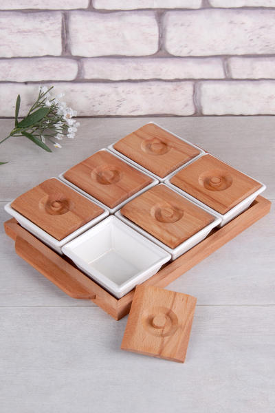 Porcelain 6-Piece Luxury Breakfast Tray with Wooden Tray