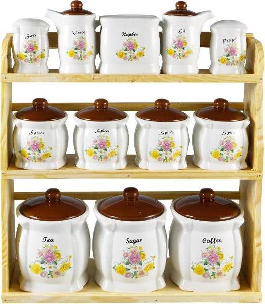 Bavary 12'li Ahşap Standlı Çiçek Desenli Porselen Baharatlık Seti - Beyaz