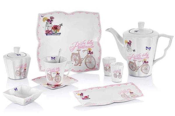 Neva Romantic Rose 36 Parça Bisiklet Desenli Porselen Kahvaltı Takımı | Pembe | 6 Kişilik