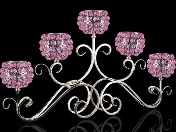 Dekonaz 5'li Lüks El Yapımı Kristal Taşlı Mumluk | Pembe