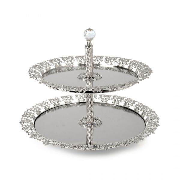 İpek | Gümüş İşlemeli Metal 2 Katlı Sunum Tabağı 20-25 cm | K0268S