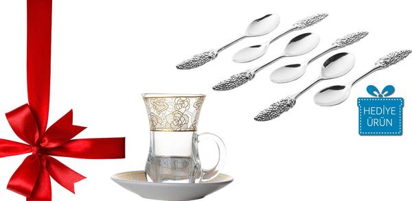Dekonaz 12 Parça Kulplu Çay Bardağı Seti / Dekonaz 6'lı Çay Kaşığı Hediyeli | GP-0030