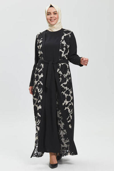Derin Siyah Dantelli Ferace 8017-20