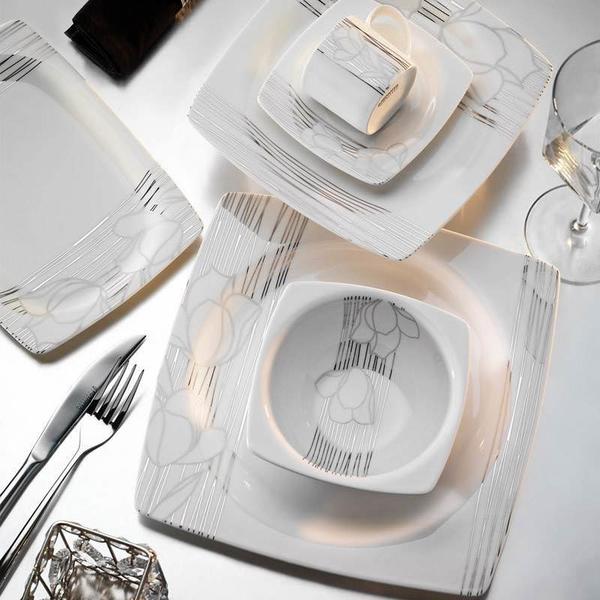 Kütahya Aliza Bone 83 Parça Porselen Yemek Takımı | Gümüş Desen | 12 Kişilik