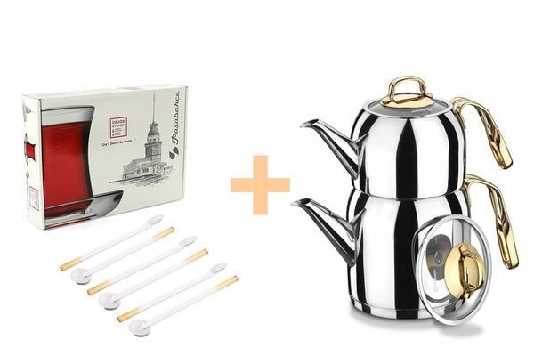 Korkmaz Goldia Çaydanlık & 6'lı Cam Kaşık Seti & Üsküdar Çay Bardak Seti Hediyeli !