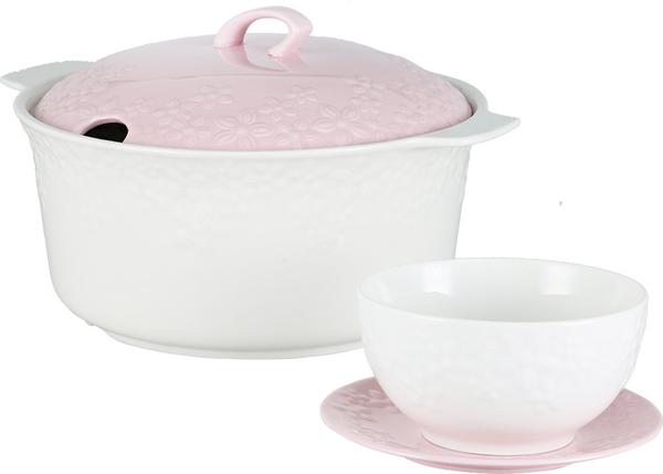 Bavary Fas 15 Parça Porselen Çorba Seti | Beyaz Pembe | 6 Kişilik | B5