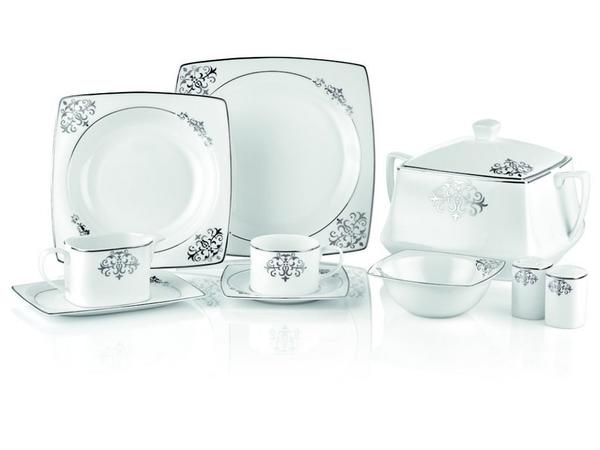 Tac Pracht | Ottoman Enderun | 85 Teilig | Tafelservice | Teller-Set | Esservice | Tafel-Set | Porzellan | Weiß & Platinum | Karo | 12 Personen | Hochzeit | Verlobung | Geburtstag | Feier | Tac-2001
