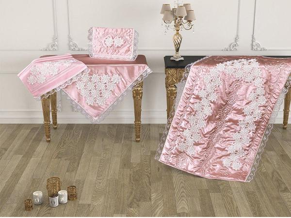 Papatya Güpürlü Brode Nakışlı Bohça Seti Pudra