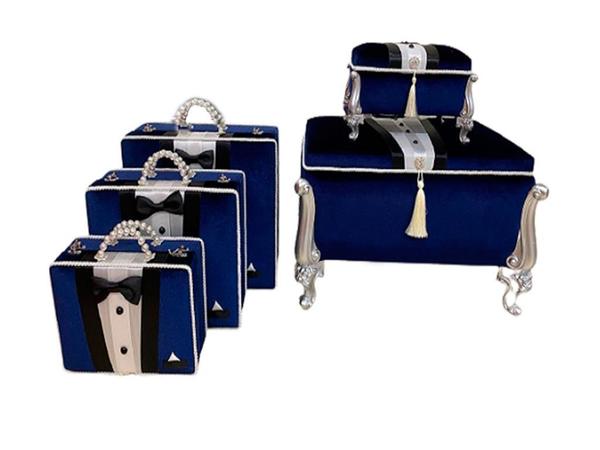 Groom Figured 5 Piece Dowry Chest Bag Set Navy Blue