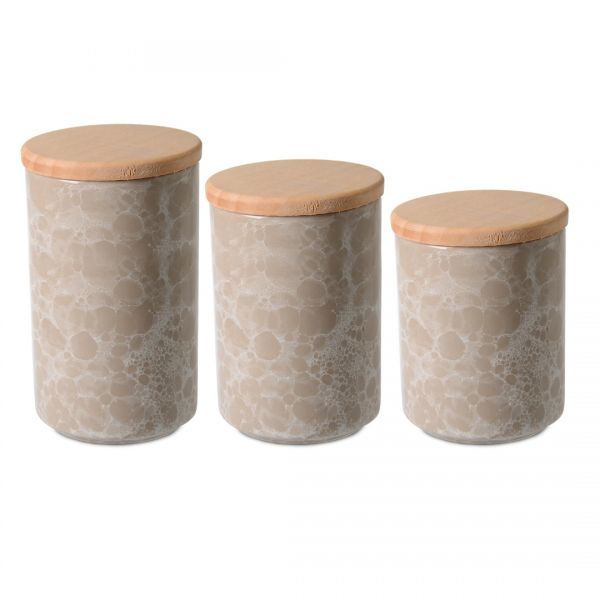 İpek Züccaciye | 3 Boy Ahşap Kapaklı Vizon Seramik Kavanoz Takımı