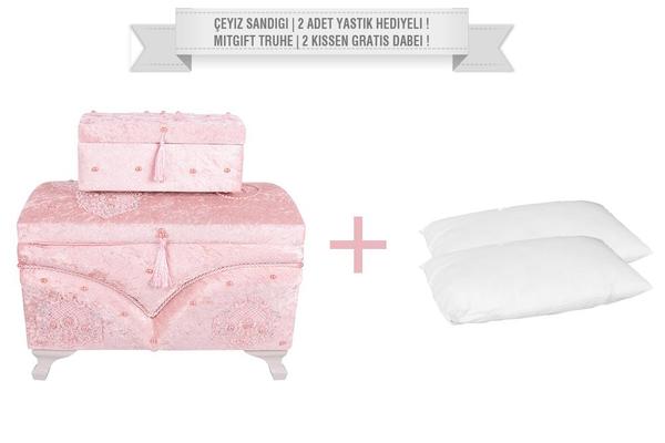 Dekonaz 2'li Dantel İnci Süslemeli Çeyiz Sandığı | 2 Adet Yastık Hediyeli !