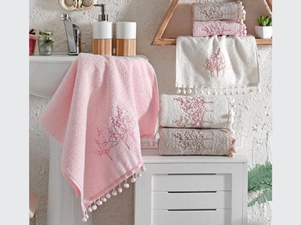 Bukle Nakışlı Uzun Ponponlu 6'lı El Yüz Havlu Seti