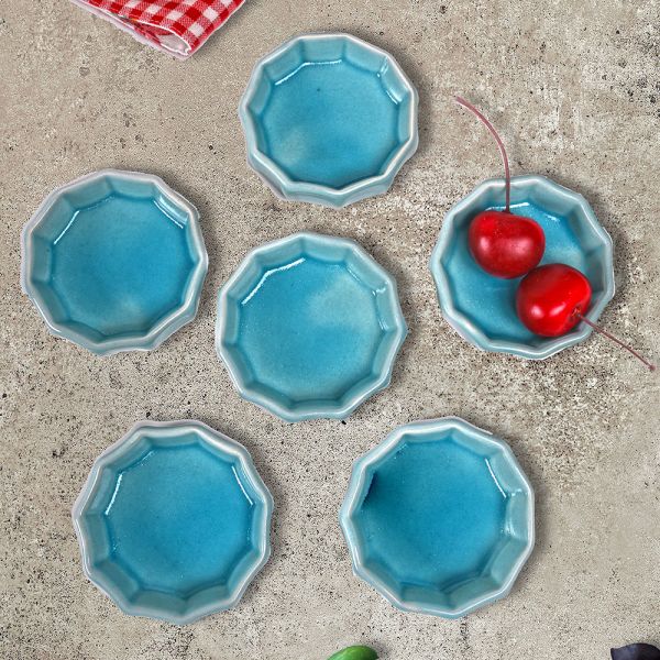 Mavi Cam Göbeği Mini Çark Çerezlik / Sosluk 8 Cm 6 Adet | Keramika