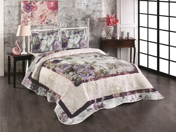 Belenay Baskılı Çift Kişilik Kapitone Yatak Örtüsü -Gardenya Mor